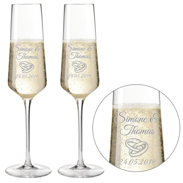 Sektglas zur Hochzeit mit Gravur (Motiv Ringe mehrzeilig)