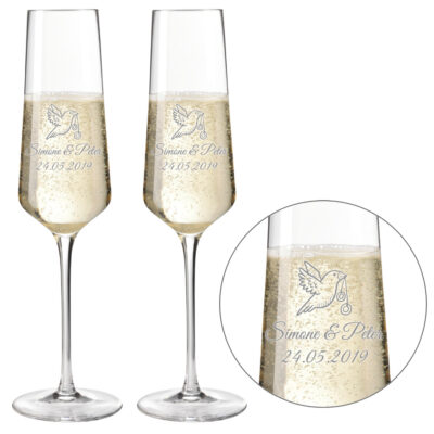 Sektglas Set mit Motiv Taube zur Hochzeit